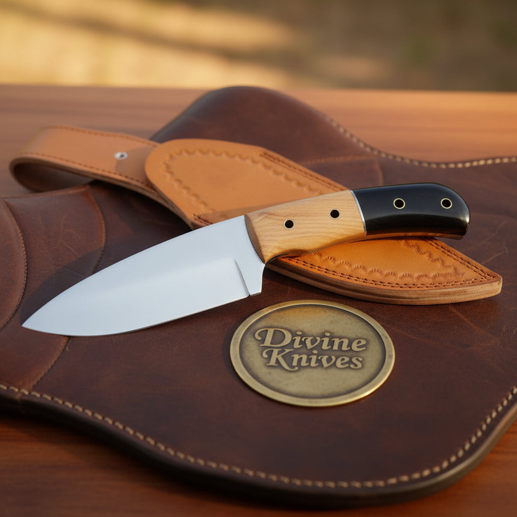Olive Wood Handle EDC Knife with Buffalo Horn Inlay and Stamped Tan Leather Sheath