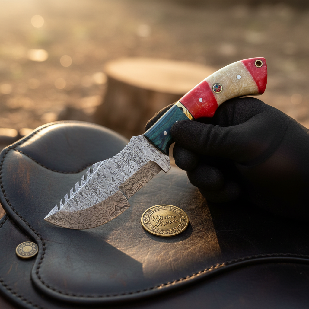 Segmented Resin Damascus Tracker Knife with Color-Blocked Handle