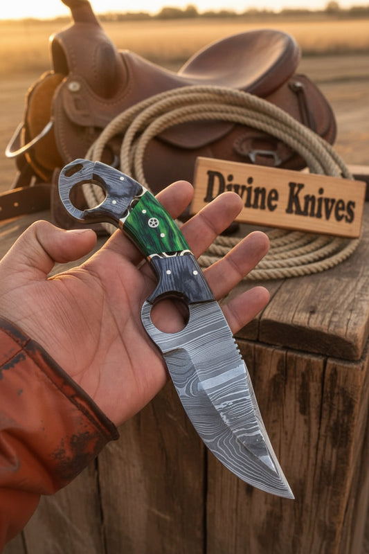 Damascus Ring Grip Hunting Knife with Dual Ring Handle