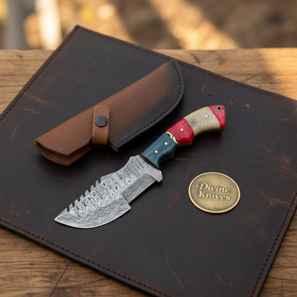 Segmented Resin Damascus Tracker Knife with Color-Blocked Handle