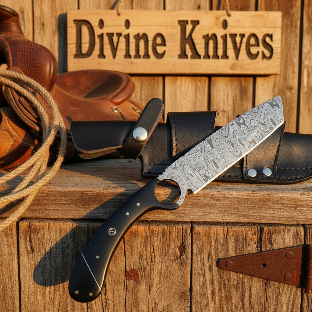 Damascus Finger Hole Mini Cleaver with Black G10 Handle