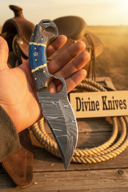 Azure Twin-Hole Damascus Hunter with Blue Inlay