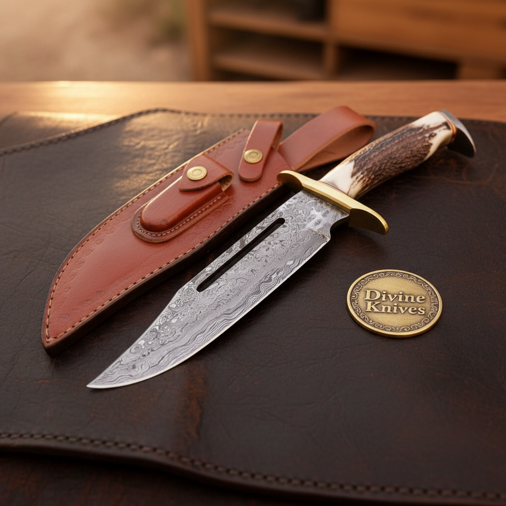Staghorn Damascus Rambo Bowie with Dual Slots for Heavy Field Work