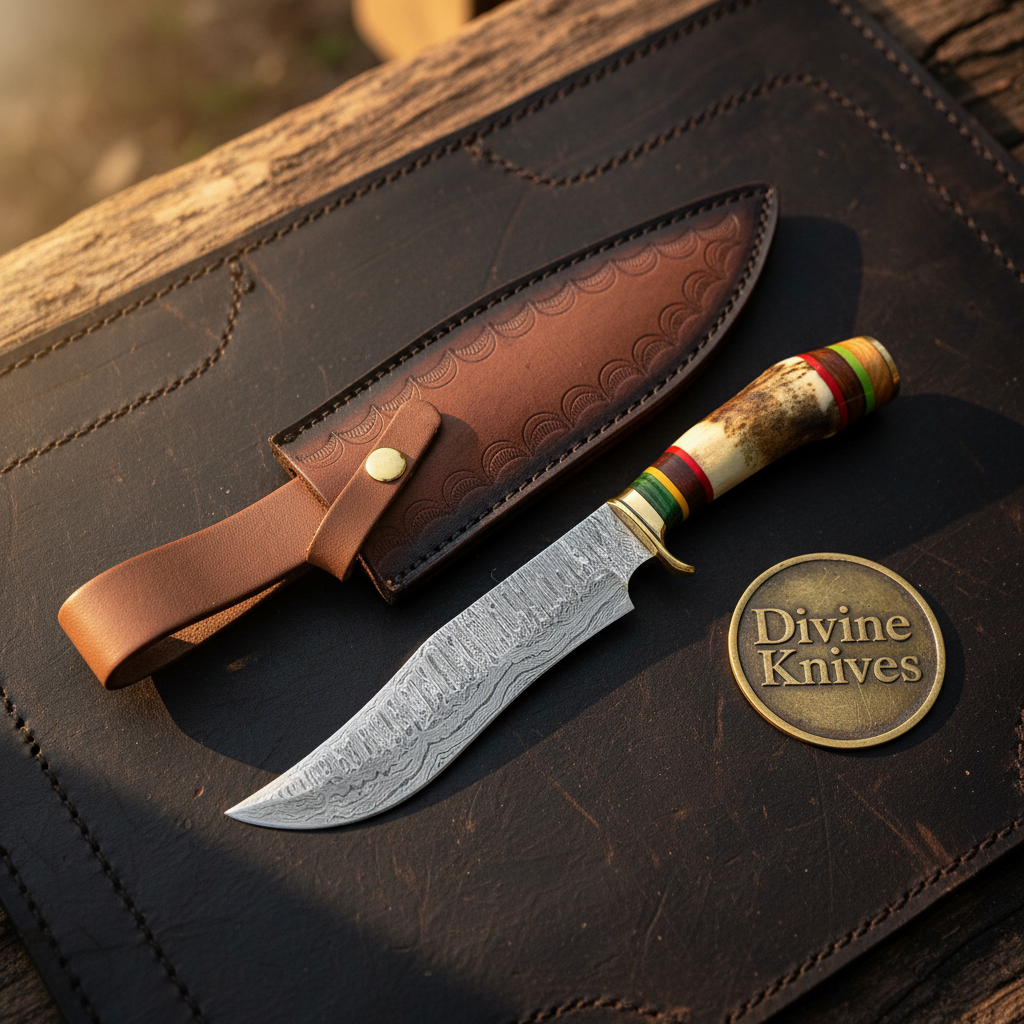 Antler Damascus Clip Point Bowie with Colorful Rings Handle