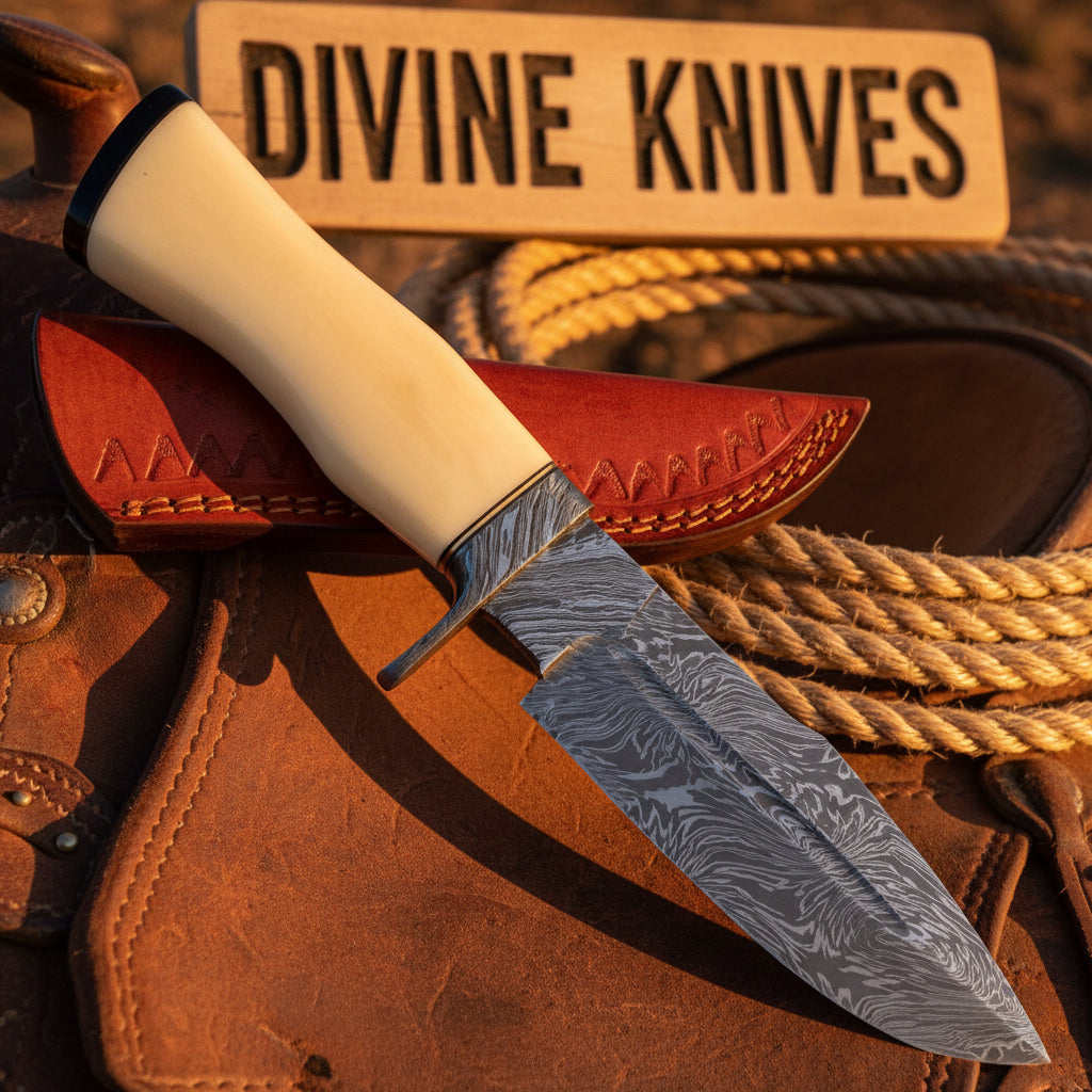 Dakota Bone Cowboy Knife with Wood Grain Damascus Drop Point Blade