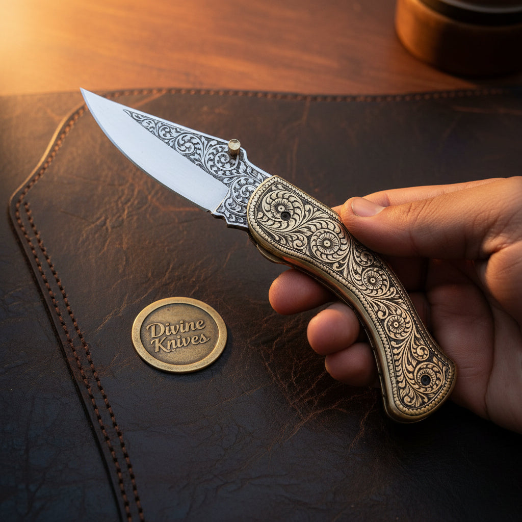Engraved Brass Folding Pocket Knife with Scroll Etched Blade and Slim Curved Handle