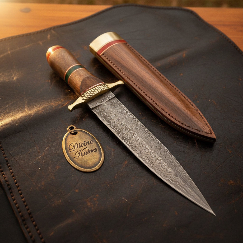 Damascus Steel Rosewood Commando Dagger with Matching Wood Sheath