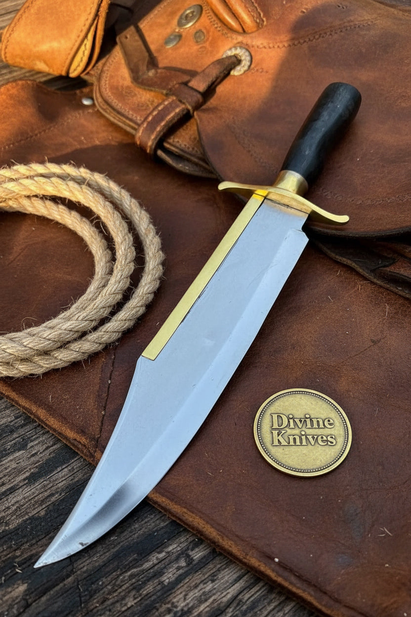 Alamo Clip Point Bowie Knife with High Polish Blade and Brass Crossguard
