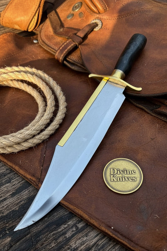 Alamo Clip Point Bowie Knife with High Polish Blade and Brass Crossguard