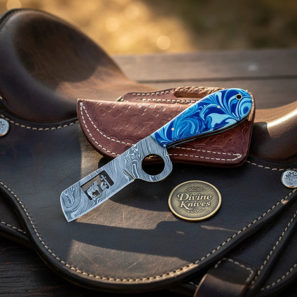 Blue Swirl Mini Bull Cutter Knife with Basket-Weave Sheath