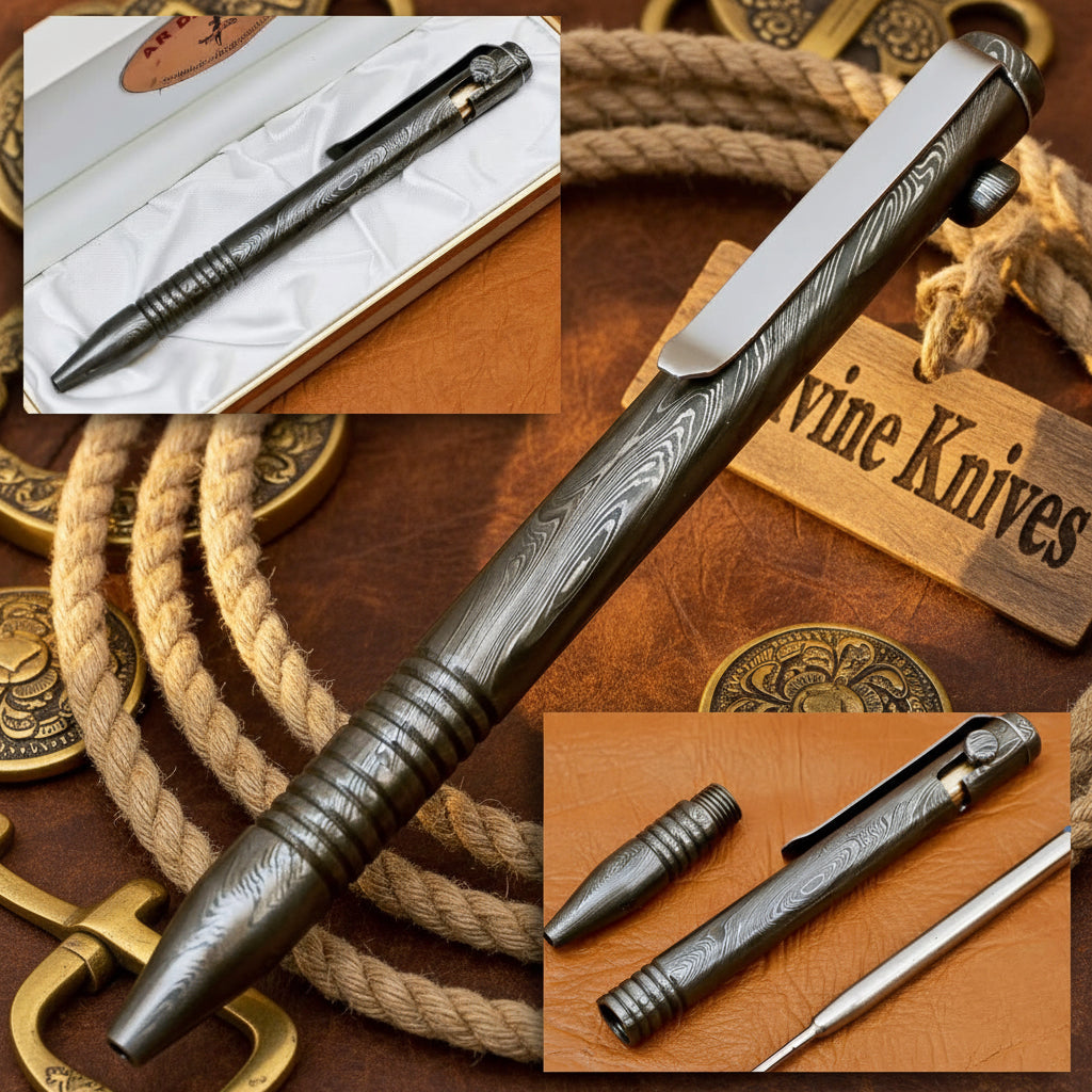 Black Damascus Bolt Action Pen with Forged Damascus Barrel