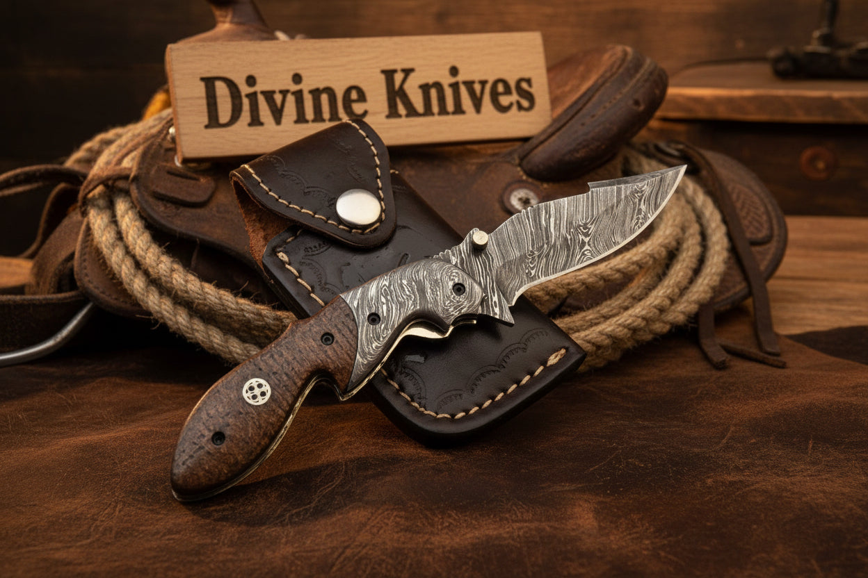Damascus Gentleman's Folding Hunter with Textured Wood Handle