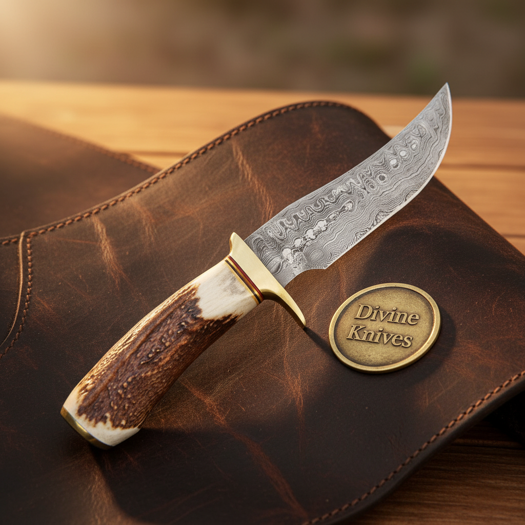 Crown Stag Hunting Knife with Clip Point Forged Blade and Studded Leather Sheath