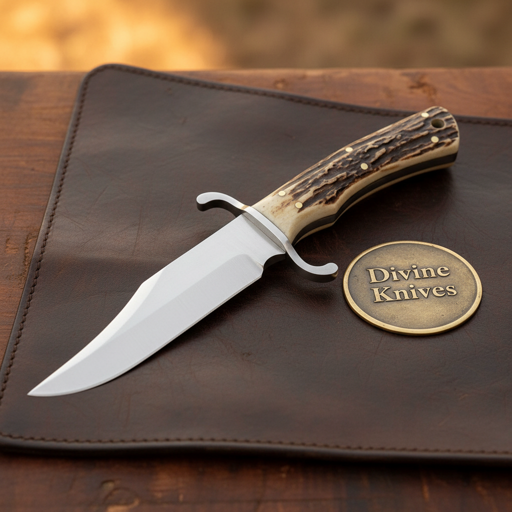 Jigged Stag Bowie Knife with Mirror Polished Clip Point Blade and Black Leather Sheath
