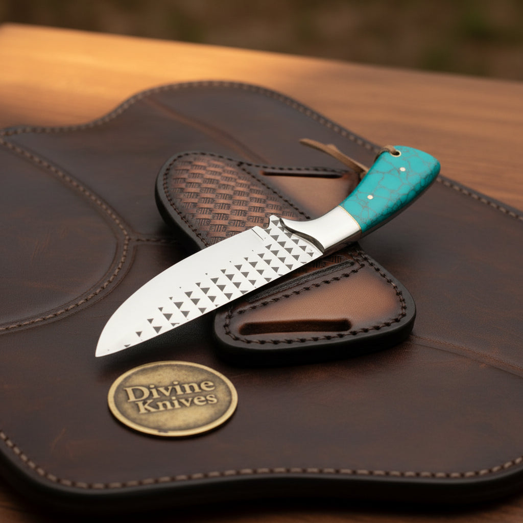 Turquoise Stone Skinner Knife with Cross-Hatch Blade for Hunters and Outdoor Users
