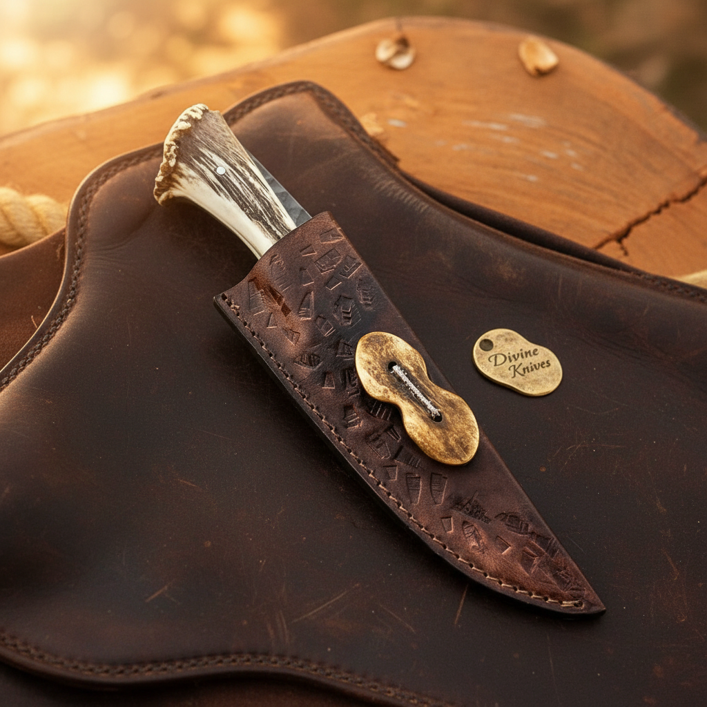Hand Forged Field Dressing Knife with Blackened Carbon Steel Blade and Stag Crown Grip