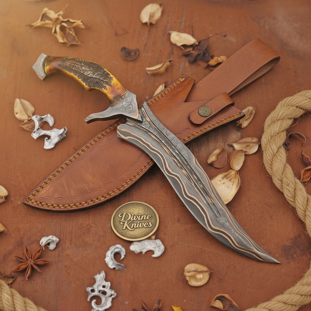 Stag Horn Trailing Point Bowie with Deep Curved Forged Blade and Leather Sheath