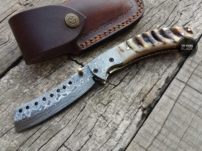 Ram Horn Cleaver Folding Knife with Twist Pattern Blade & Leather Pouch