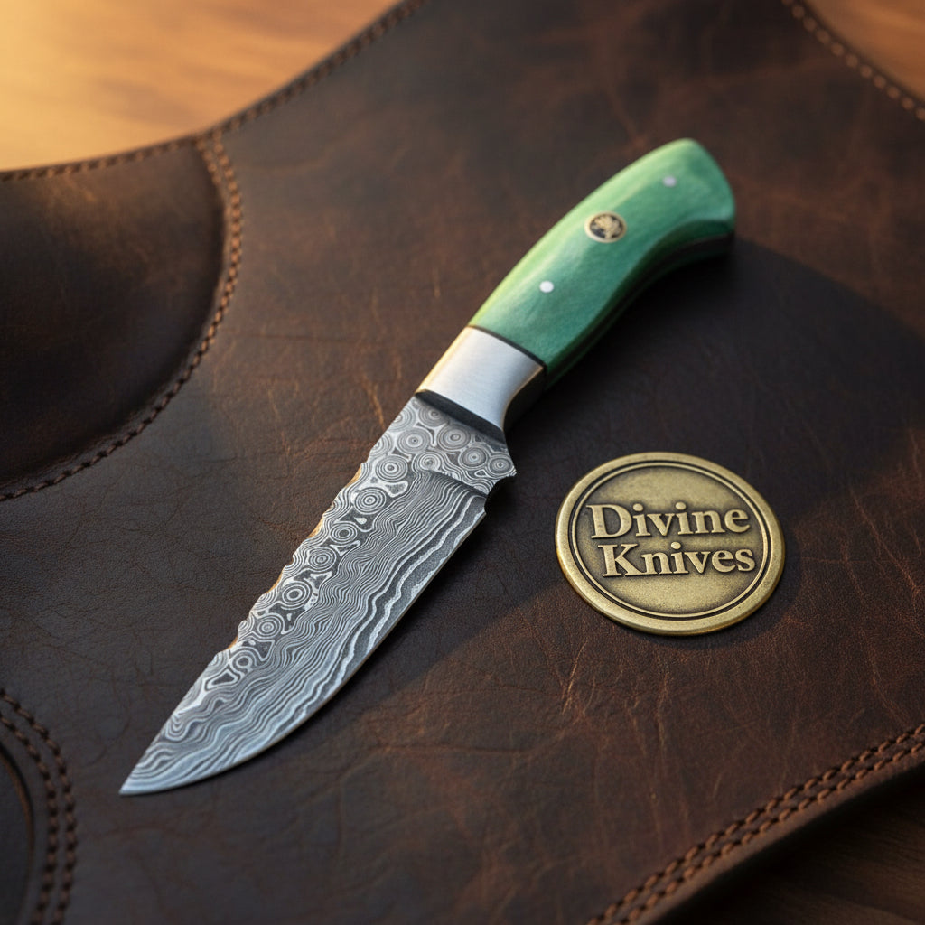 Green Damascus Drop Point Hunter with Mosaic Ricasso Pattern
