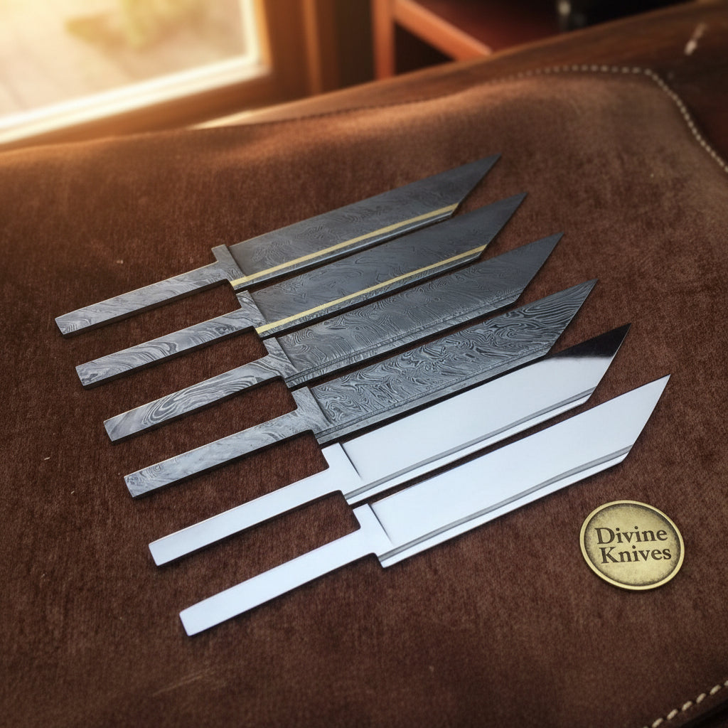 6-Piece Damascus & Carbon Steel Seax Blade Blank Set