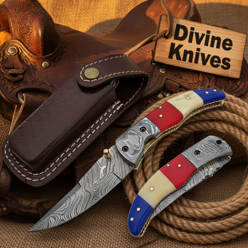 Texas Damascus Folding Knife with Wood Grain Blade and Tri-Color Handle