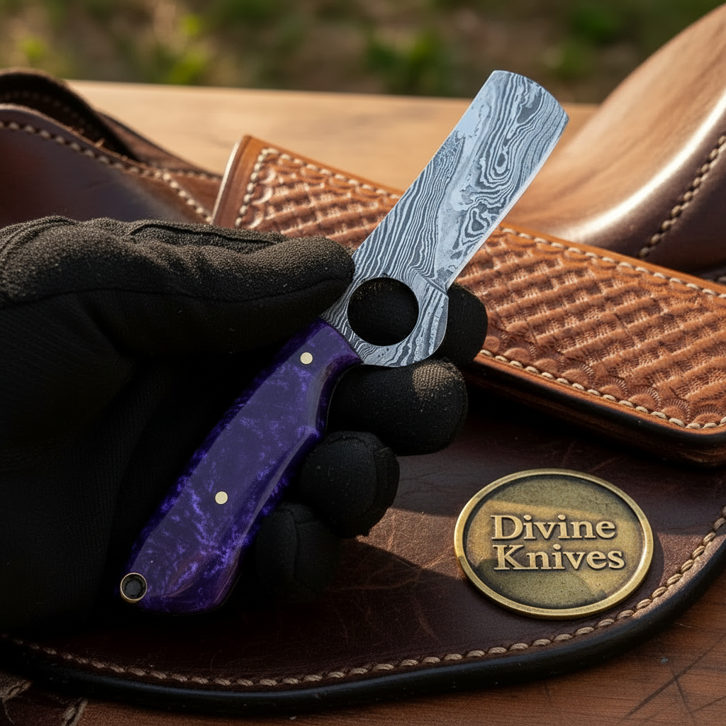 Loop Hole Purple Resin Bull Cutter & Skinner Set with Tooled Leather Sheath