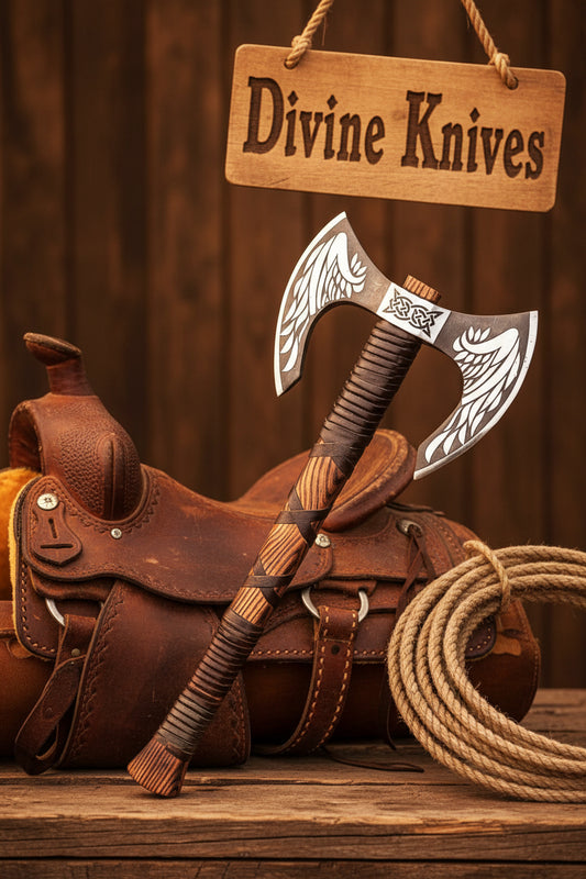 Engraved Viking Wing Axe with Leather-Wrapped Handle