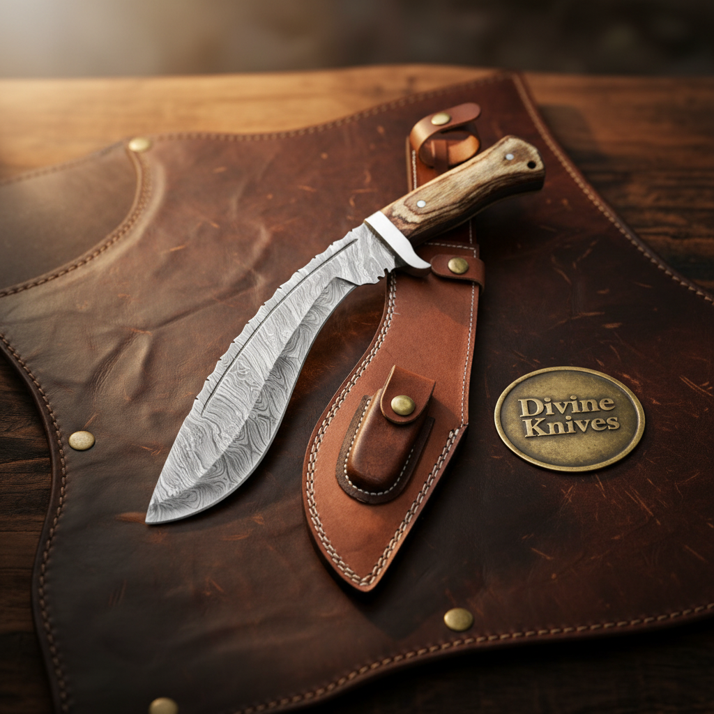 Hardwood Damascus Gurkha Kukri with Natural Wood Handle