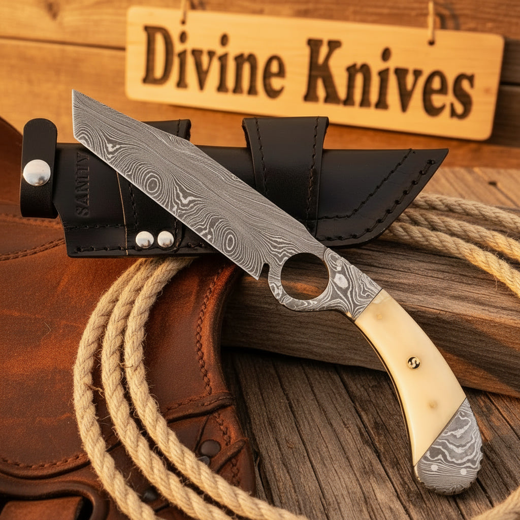 Damascus Bone Finger Hole Mini Cleaver with Damascus Blade