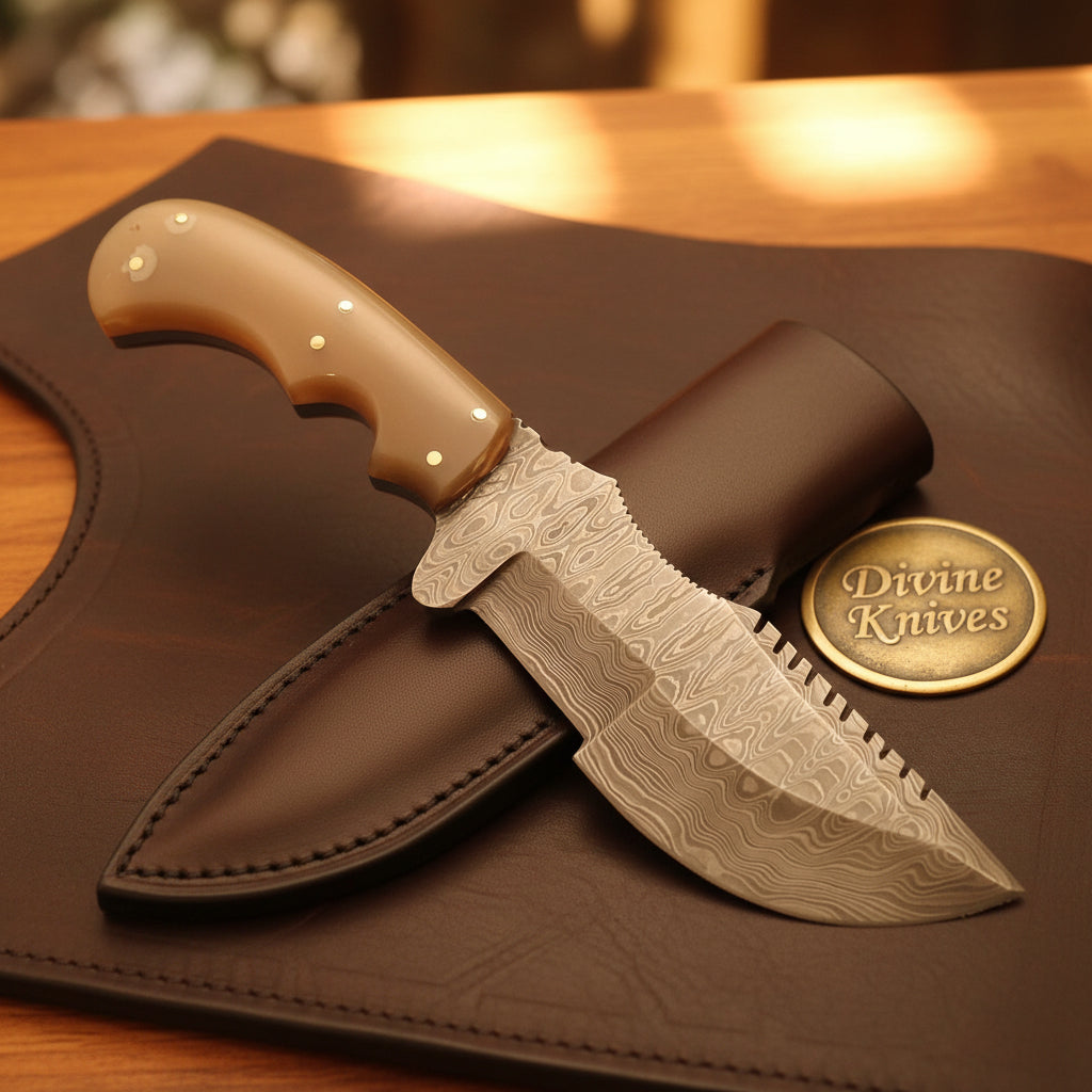 Squared Tip Tracker Knife with Ram Horn Handle and Long Sawback Blade for Camp Use