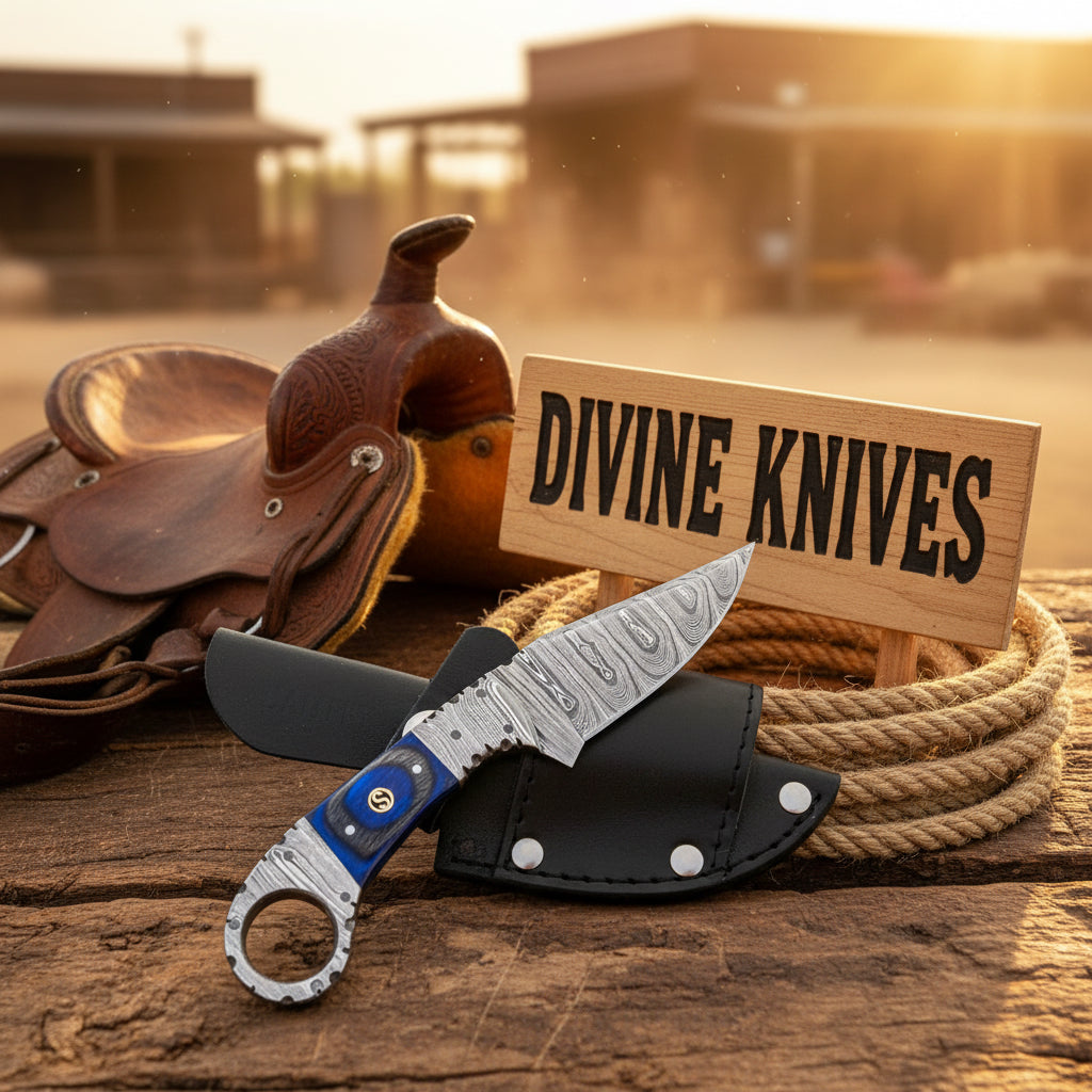 Cobalt Ring Damascus Skinner with Integral Steel Handle