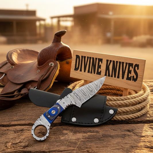 Cobalt Ring Damascus Skinner with Integral Steel Handle