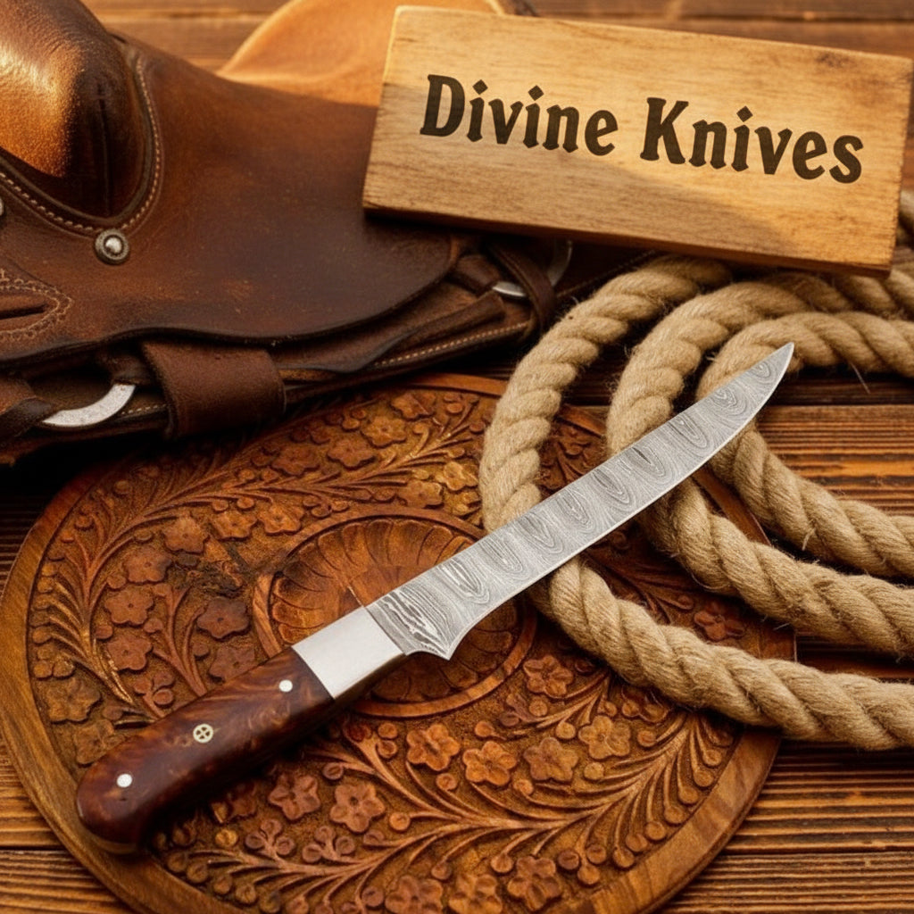 Carved Wood Handle Boning Knife with Narrow Patterned Steel Blade for Precision Kitchen Work