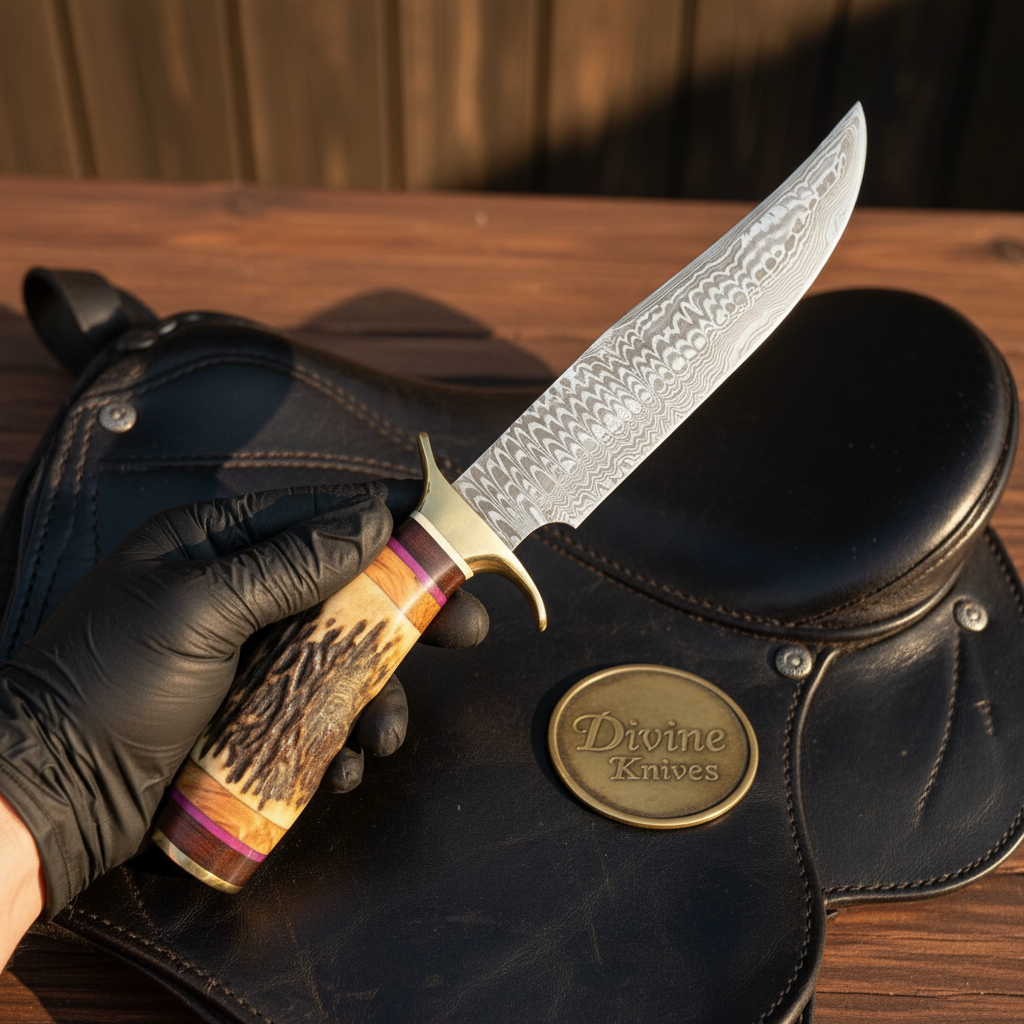Stag Horn Segmented Damascus Classic Bowie with Banded Handle
