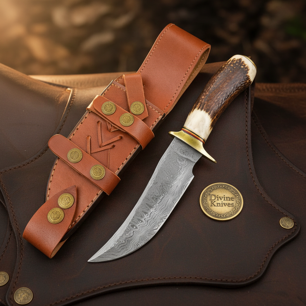 Crown Stag Hunting Knife with Clip Point Forged Blade and Studded Leather Sheath