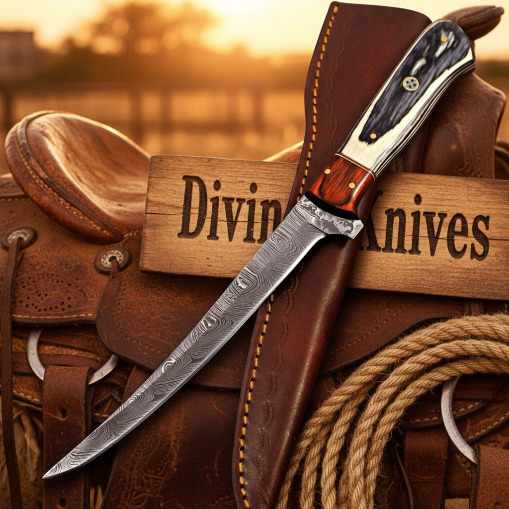 StagHorn Damascus Flexible Fillet with Four Section Handle and Mosaic Pin