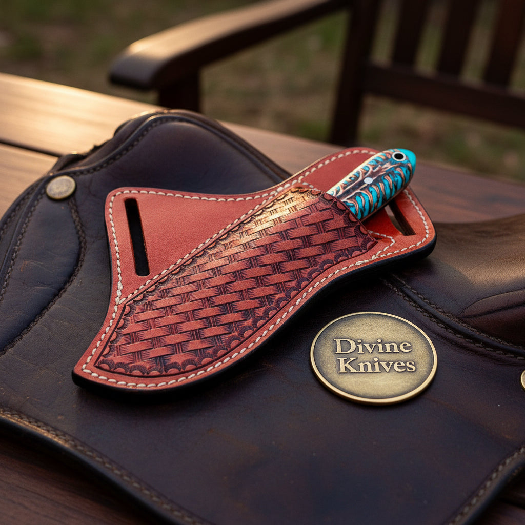 Turquoise Pinecone Damascus Cowboy Belt Knife for Outdoor Users