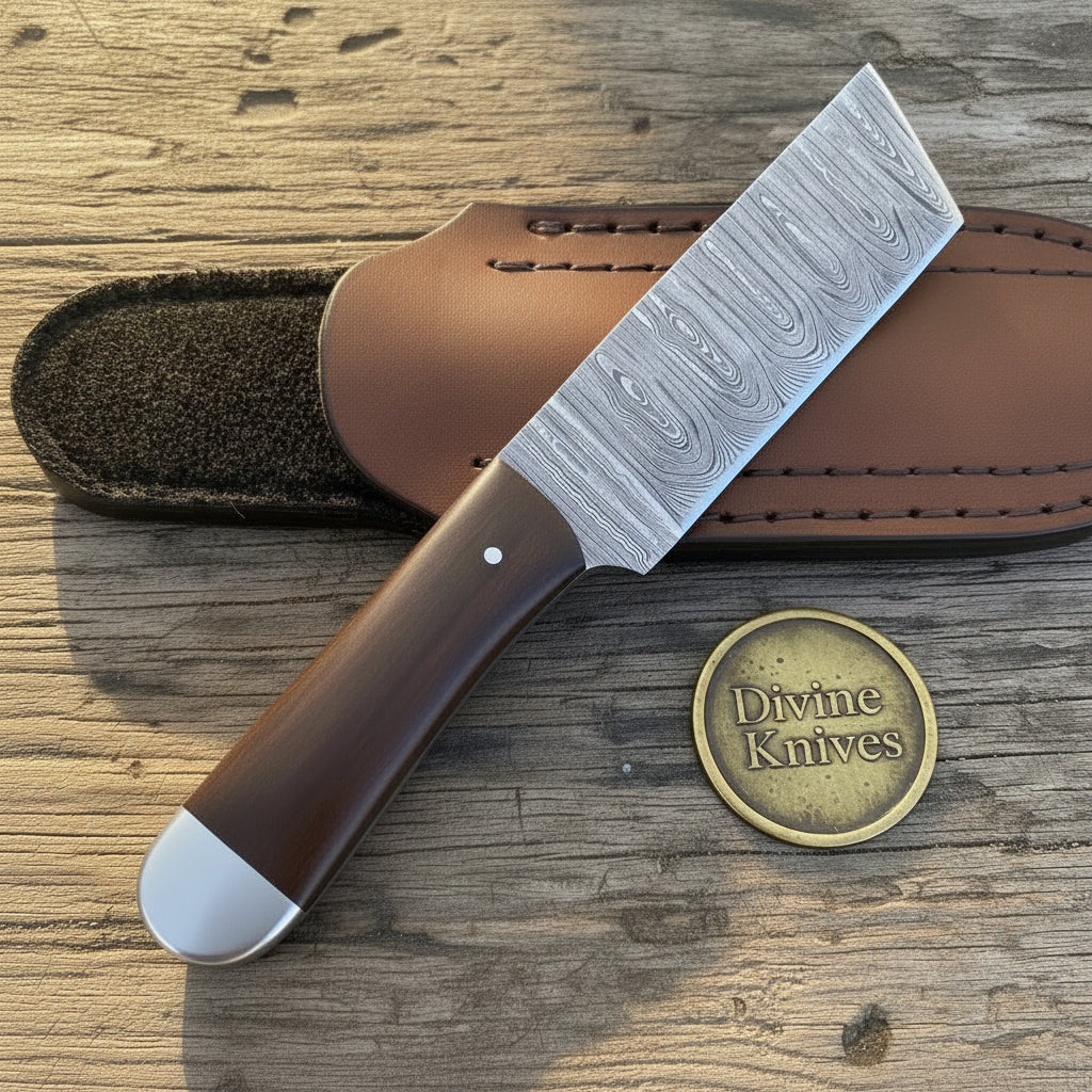 Fang Damascus Nakiri Cleaver with Leather Belt Sheath