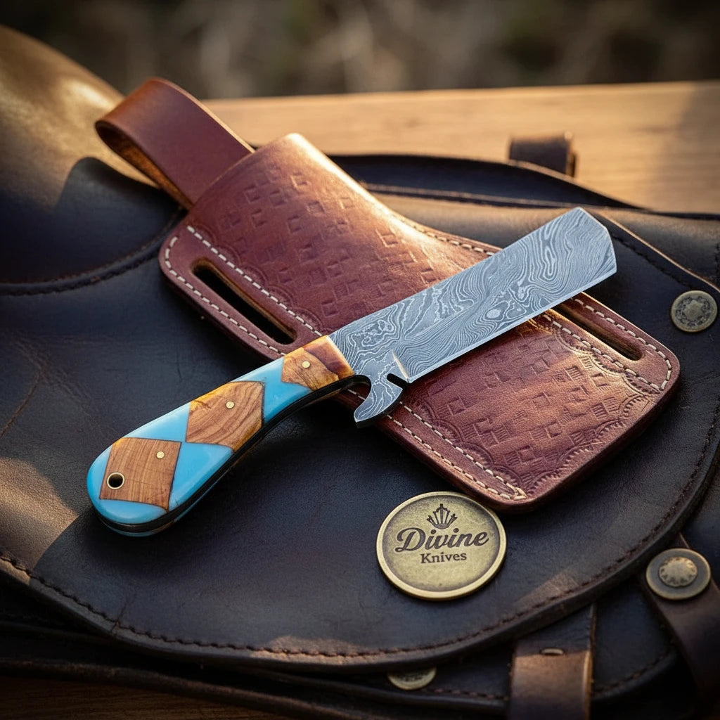 Blue Resin Cleaver Folding Knife with Olive Wood Inlay Handle