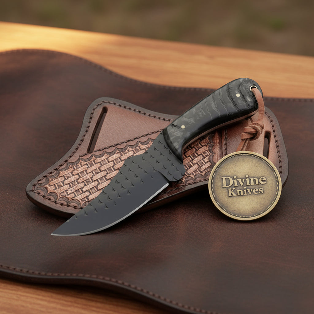 Blackened Fish-Scale Clip Point Hunter Knife for Hunting and Outdoor Tasks