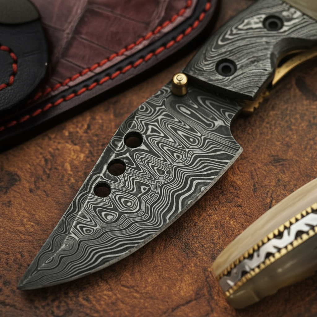 Damascus Ramhorn Liner Lock Pocket Knife with Natural Horn Scales