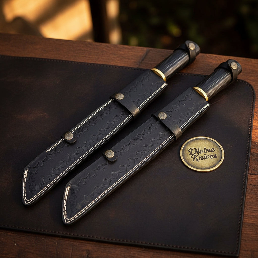 Horn Handle Tanto Knife Set with Brass Ferrules and Shared Snap Close Leather Sheath