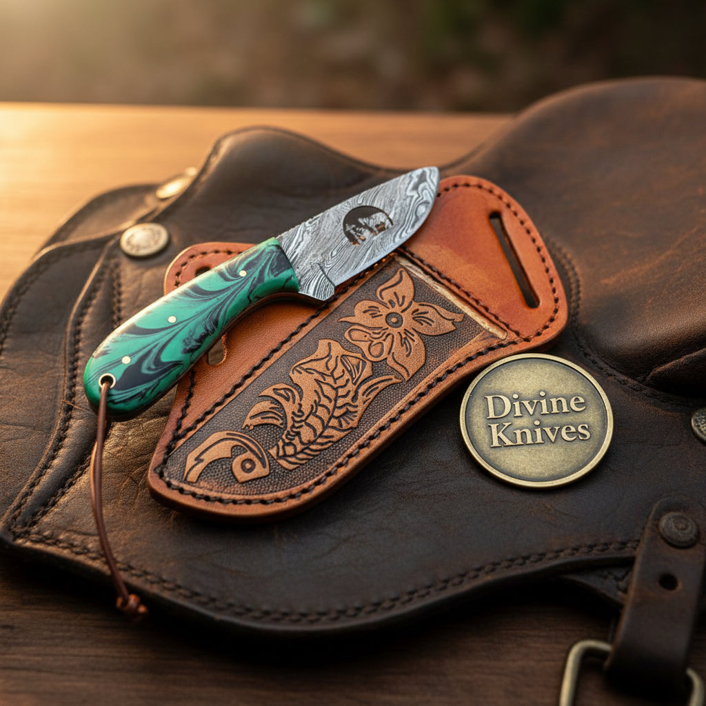 Praying Cutout Cowboy Knife with Teal Acrylic Handle