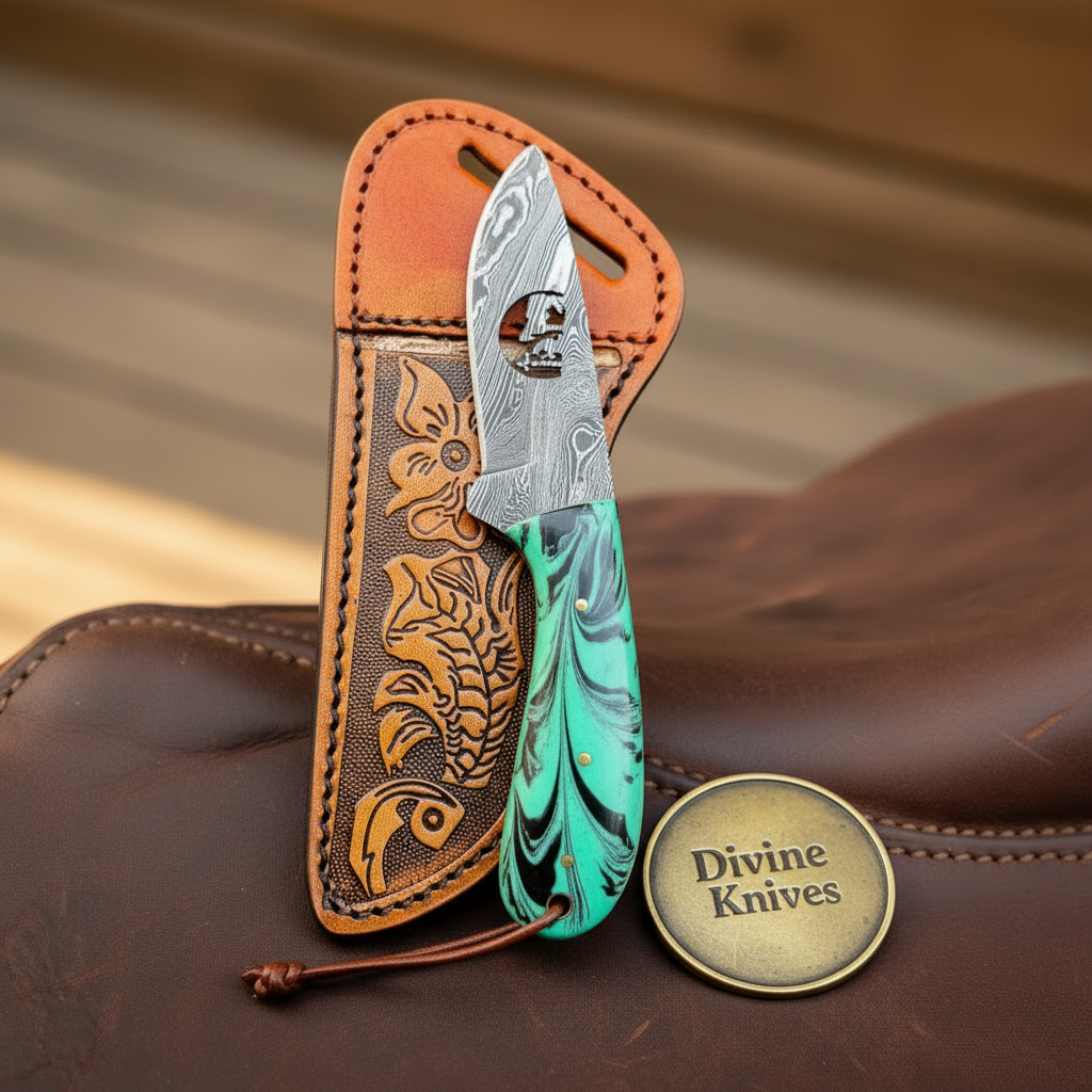 Praying Cutout Cowboy Knife with Teal Acrylic Handle