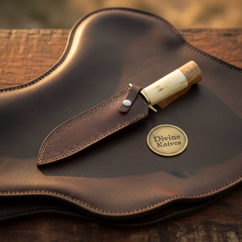 Hammered Bone Handle Camp Knife with Dimpled Forged Blade and Snap Leather Sheath