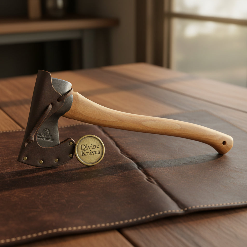 Scandinavian Hewing Axe with Curved Hickory Handle & Leather Bit Guard