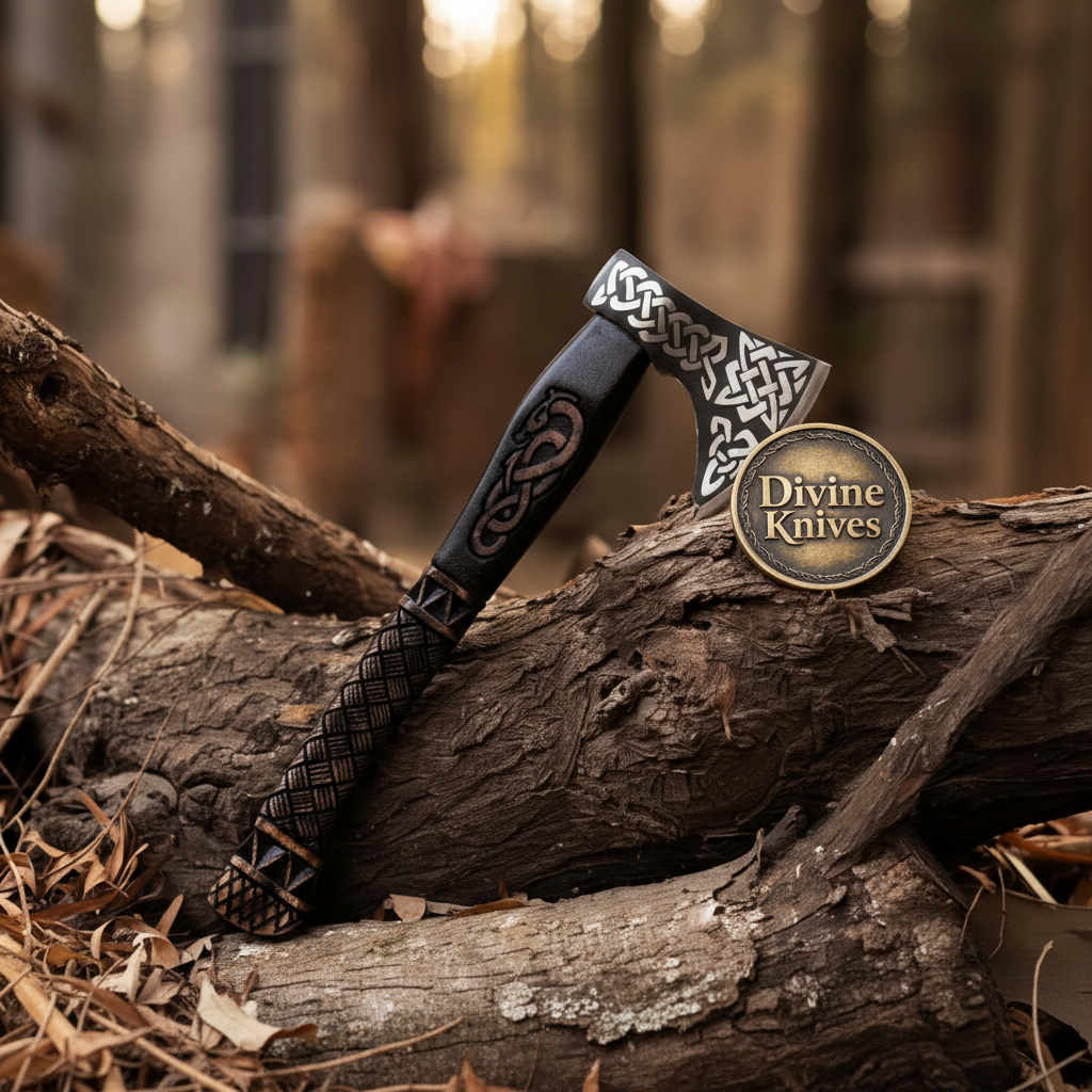 Celtic Norse Viking Axe — Hand-Forged Hatchet with Carved Handle