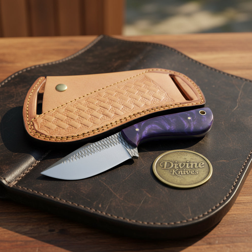 Purple Swirl Resin Rasp Cowboy Knife with Marbled Purple Handle