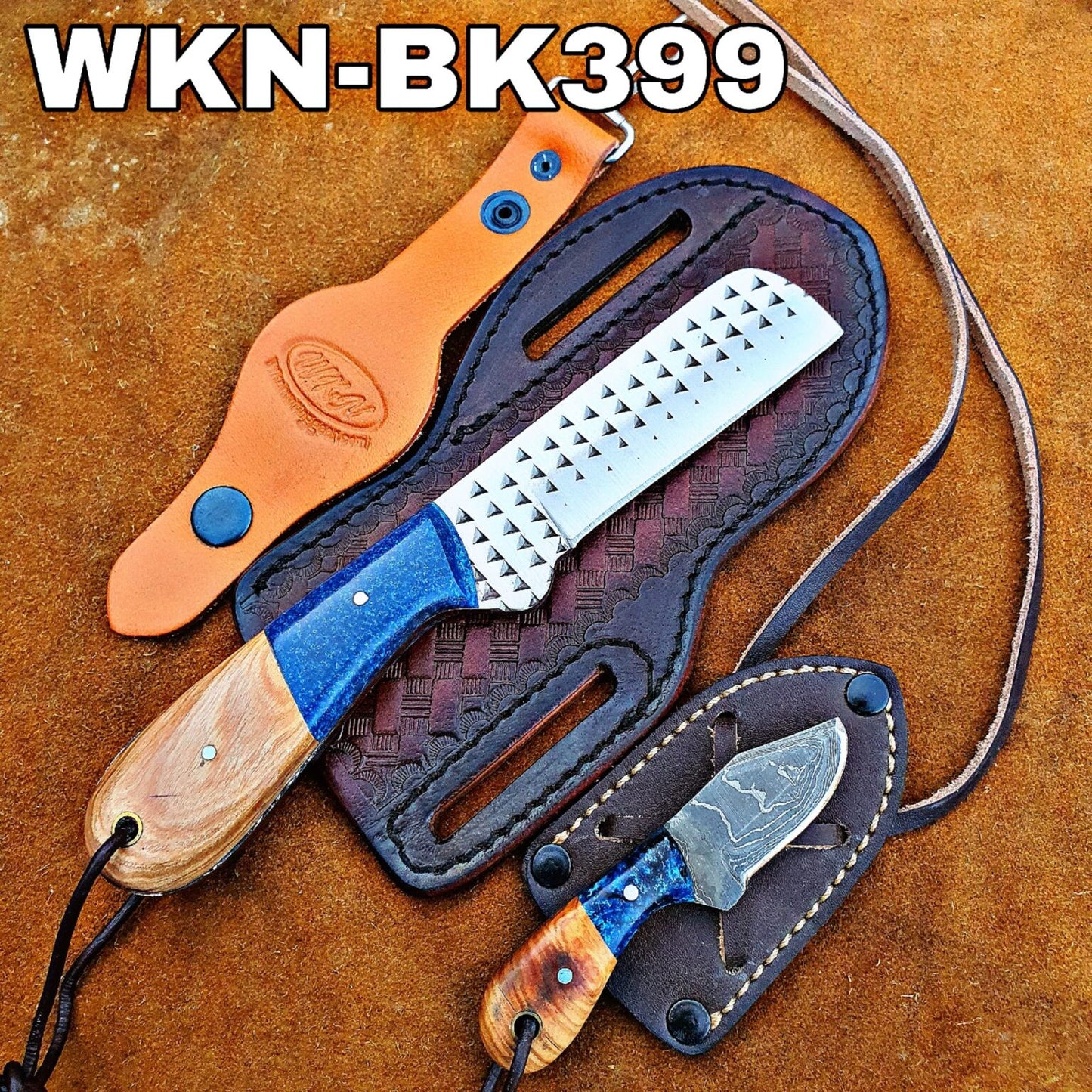 Blue Resin Olive Wood Bull Cutter Knife Set for Ranch Chores and Gifting