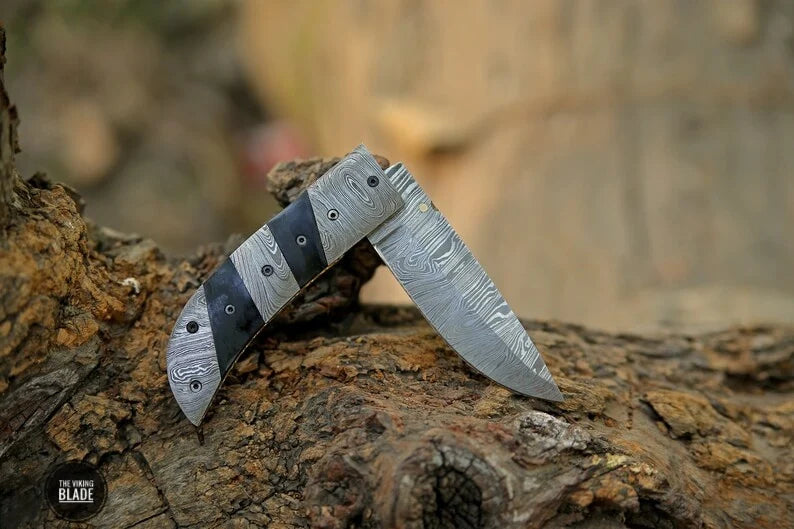 Buffalo Horn Clip Point Folding Knife with Leather Pouch